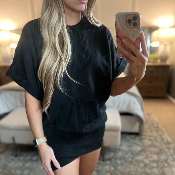 Black Sweatshirt dress with criss cross hem skirt - Picture 1 of 8